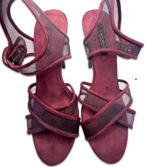 Zara Sheer Instep Straps Suede Stiletto Sandals Burgundy Red Women's Size 37 US - Picture 2 of 4